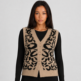 Leopard Print Knit Vest with V-Neck and Button Front