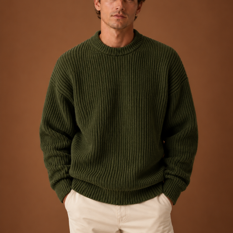 Oversized Chunky Ribbed Knit Sweater with Crew Neck