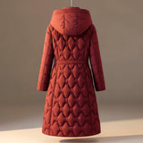 Long Hooded Puffer Coat with Quilted Pattern and Cinched Waist