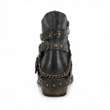 Studded Ankle Boots with Buckle Straps and Chain Detail