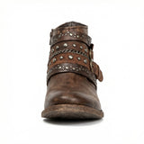 Studded Ankle Boots with Buckle Straps and Chain Detail