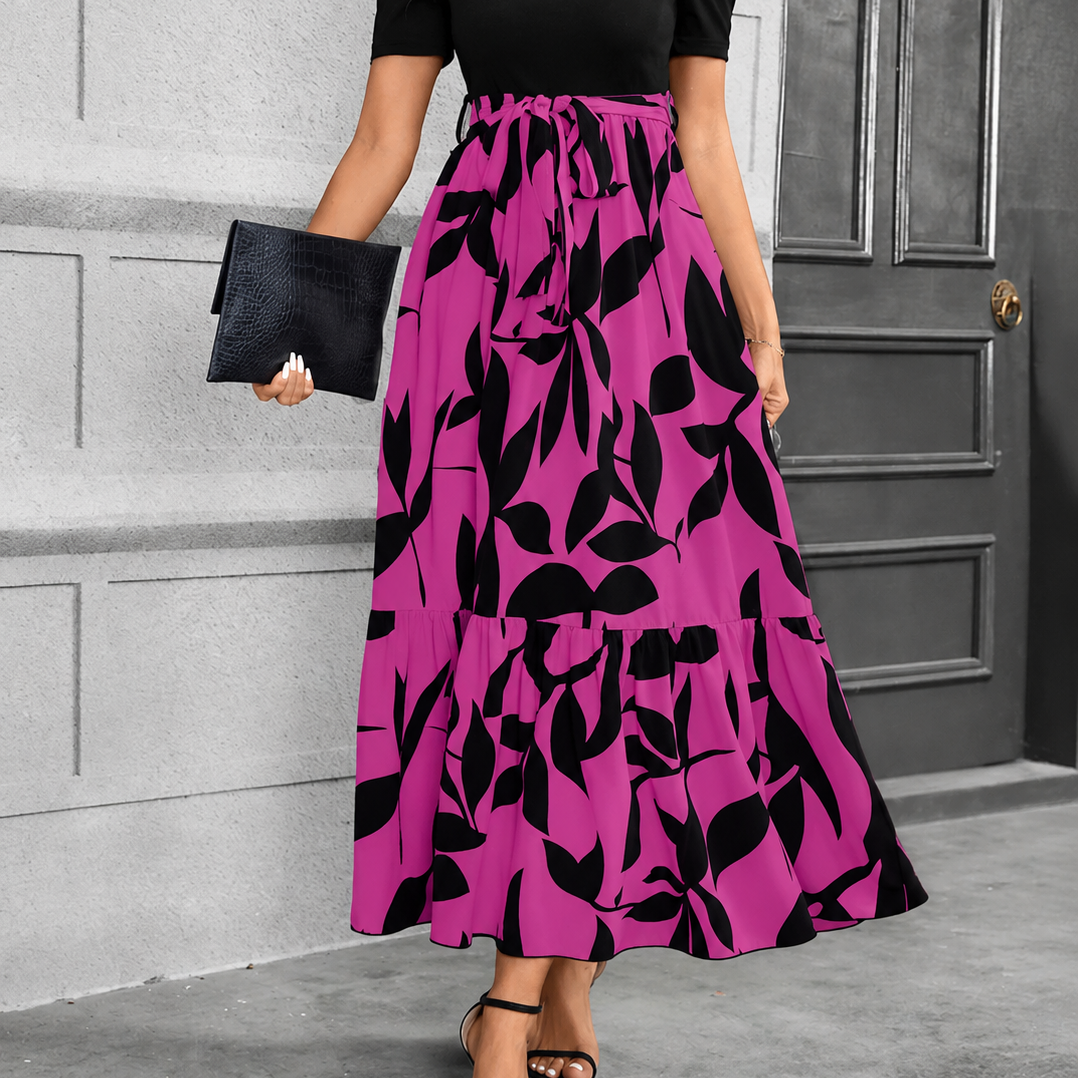 Floral Print A-Line Maxi Dress with Tie Waist and Puff Sleeves