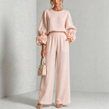 Women's Two Piece Pants Set with Floral Cuff Long Sleeve Blouse and Wide Leg Pants