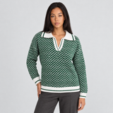 Collared V-Neck Knit Sweater with Contrast Trim