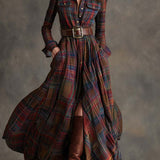 Belted Plaid Maxi Shirt Dress with Collar and Button Front