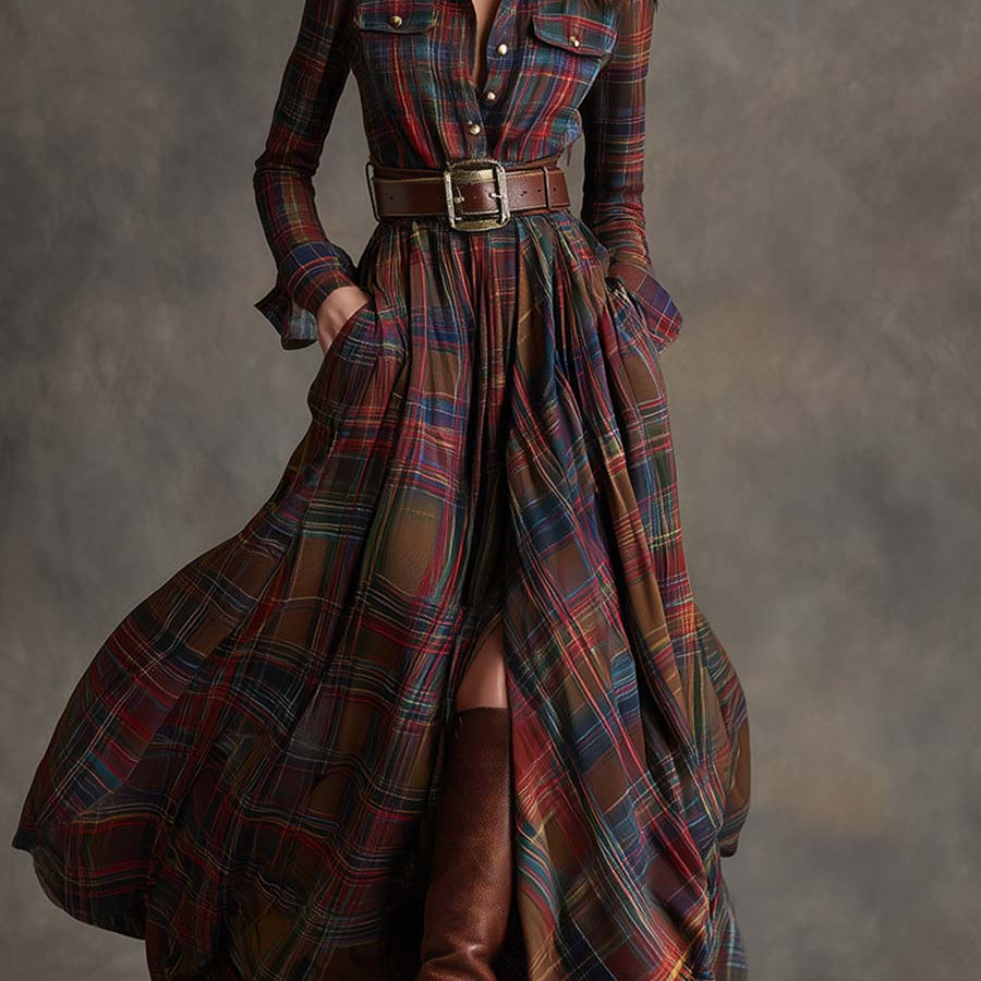 Belted Plaid Maxi Shirt Dress with Collar and Button Front