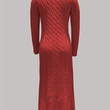 Cable Knit Maxi Sweater Dress with Round Neck and Long Sleeves