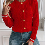 Button Front Cable Knit Cardigan with Ribbed Trim