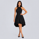 Halter Neck Cocktail Midi Dress with High Low Layered Hem and A Line Silhouette for Wedding Guests