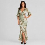 Ruched Satin Maxi Dress with V-Neck and Ruffle Hem