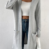 Long Ribbed Knit Cardigan with Open Front and Patch Pockets