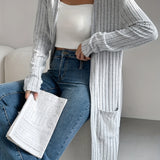 Long Ribbed Knit Cardigan with Open Front and Patch Pockets