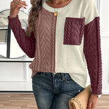 Cable Knit Color Block Sweater with Chest Pocket and Round Neck