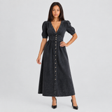 Button Front Denim Midi Dress with V-Neck and Puff Sleeves