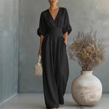 Wide-Leg Jumpsuit with V-Neck and Wrap Waist