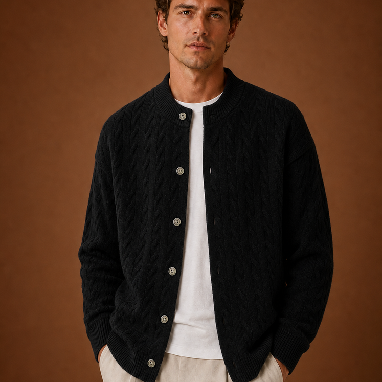 Crew Neck Cable Knit Button-Front Cardigan