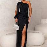 Ruched Satin Maxi Dress with One-Shoulder Neckline and Side Slit