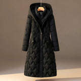 Long Hooded Puffer Coat with Quilted Pattern and Cinched Waist
