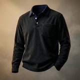 Ribbed Long Sleeve Polo Shirt with Button Front and Chest Pocket