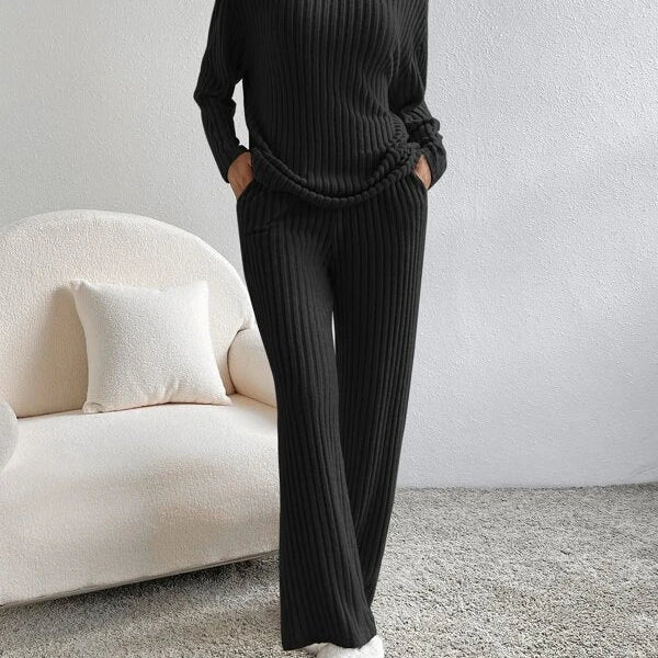 Two-Piece Ribbed Knit Set with V-Neck Sweater and Wide-Leg Pants