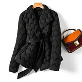 Belted Quilted Puffer Jacket with Lapel Collar and Long Sleeves