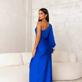 Ruched Satin Maxi Dress with One-Shoulder Neckline and Side Slit