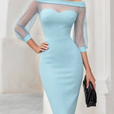 Bodycon Off-Shoulder Midi Dress with Mesh Sleeves