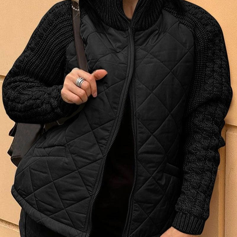 Diamond Quilted Jacket with Cable Knit Sleeves and Zip Front