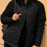 Quilted Zip-Up Jacket with Cable Knit Sleeves and High Collar