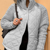 Diamond Quilted Jacket with Cable Knit Sleeves and Zip Front