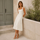 Jacquard A-Line Midi Dress with Square Neck and Wide Straps