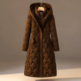 Long Hooded Puffer Coat with Quilted Pattern and Cinched Waist