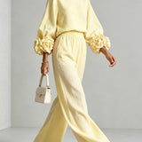 Women's Two Piece Pants Set with Floral Cuff Long Sleeve Blouse and Wide Leg Pants