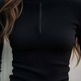 Fitted Ribbed Knit Sweater with Quarter Zip and Mock Neck
