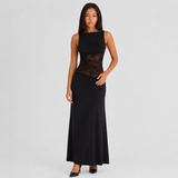 Sleeveless Boat Neck Maxi Dress with Lace Cutout