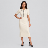 Ribbed Knit Polo Midi Dress with Contrast Trim