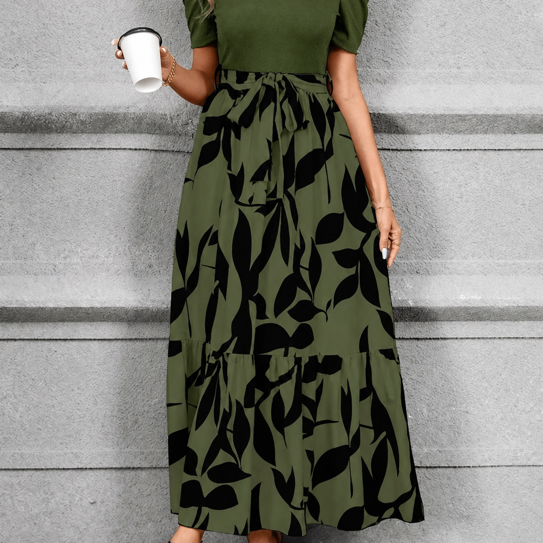 Floral Print A-Line Maxi Dress with Tie Waist and Puff Sleeves