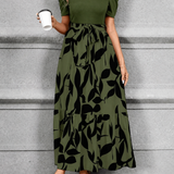 Floral Print A-Line Maxi Dress with Tie Waist and Puff Sleeves