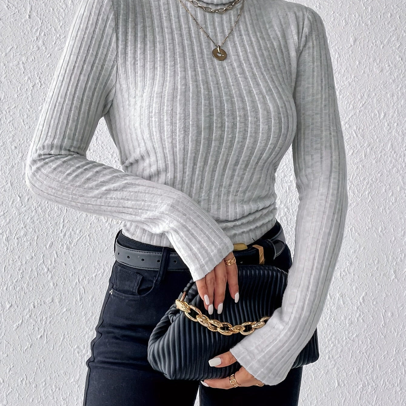 Slim Fit Ribbed Turtleneck Sweater with Long Sleeves