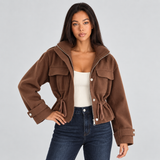 Cropped Jacket with Drawstring Waist and Flap Pockets
