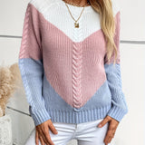 Cable Knit Color Block Sweater with Raglan Sleeves and Round Neck
