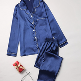 Satin Pajama Set with Button-Up Shirt and Long Pants