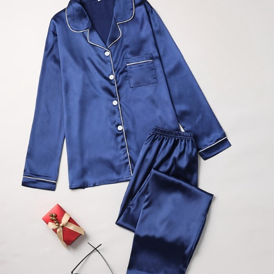 Satin Pajama Set with Button-Up Shirt and Long Pants