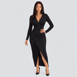 Ruched Wrap Maxi Dress with V-Neck and Front Slit