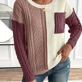 Cable Knit Color Block Sweater with Chest Pocket and Round Neck