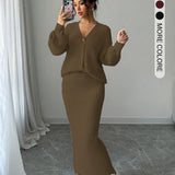 Ribbed Knit Cardigan and Maxi Skirt Set