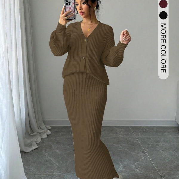 Ribbed Knit Cardigan and Maxi Skirt Set