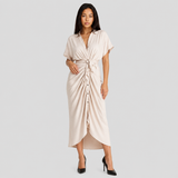 Ruched Button-Front Midi Shirt Dress with V-Neck