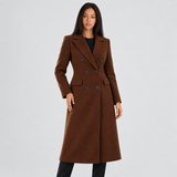 Tailored Double-Breasted Long Wool Coat with Flap Pockets