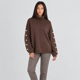 Oversized Turtleneck Sweater with Button Sleeve and Ribbed Trim
